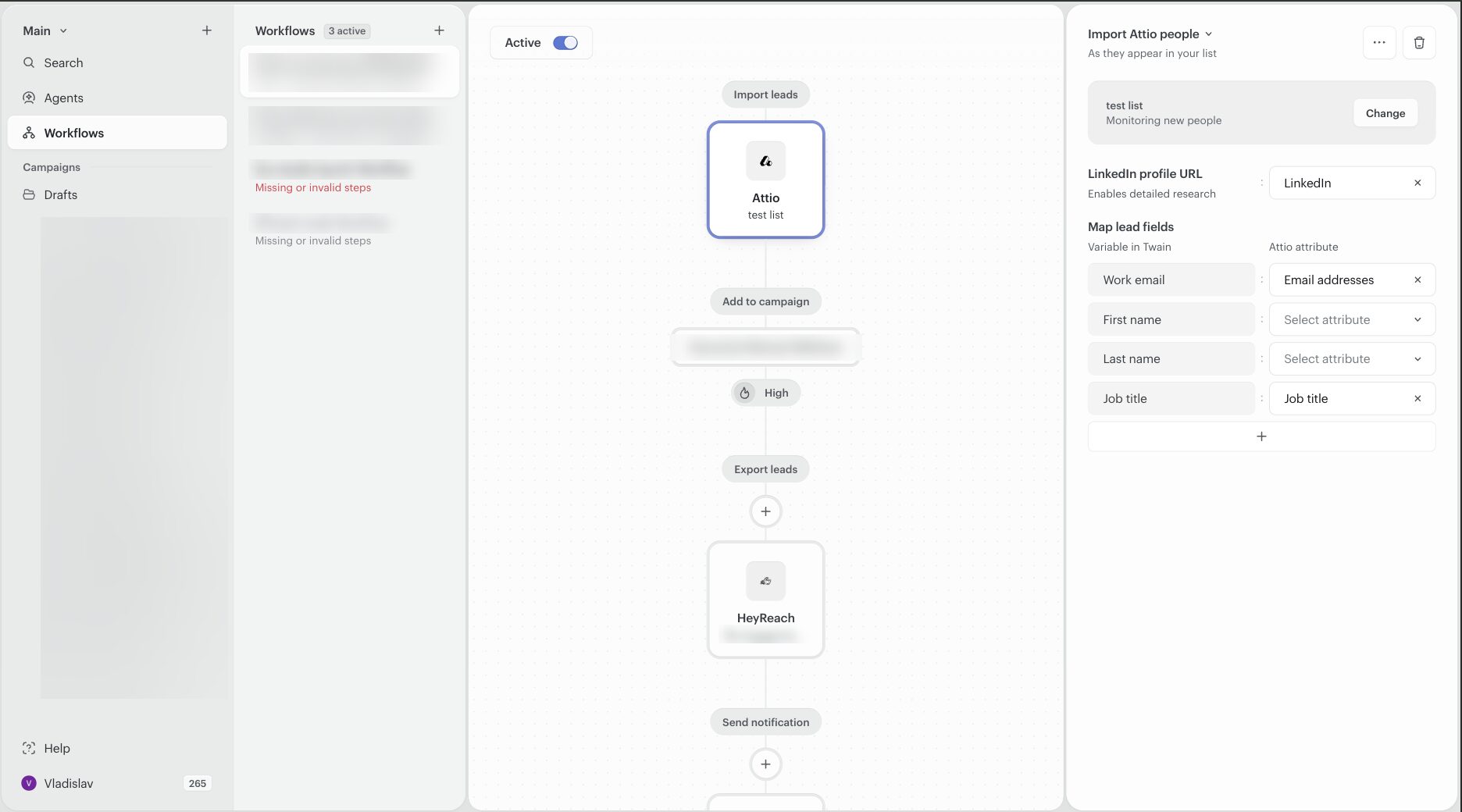 A Twain workflow with an Attio Import leads node at the top, followed by Add to campaign, a High generation mode marker, Export leads, a HeyReach node, and Send notification. The right panel, titled Import Attio people, shows the selected list with the status Monitoring new people, a LinkedIn profile URL row mapped to the LinkedIn attribute with the hint Enables detailed research, and a Map lead fields table pairing Work email with Email addresses and Job title with Job title, while First name and Last name are left unmapped.