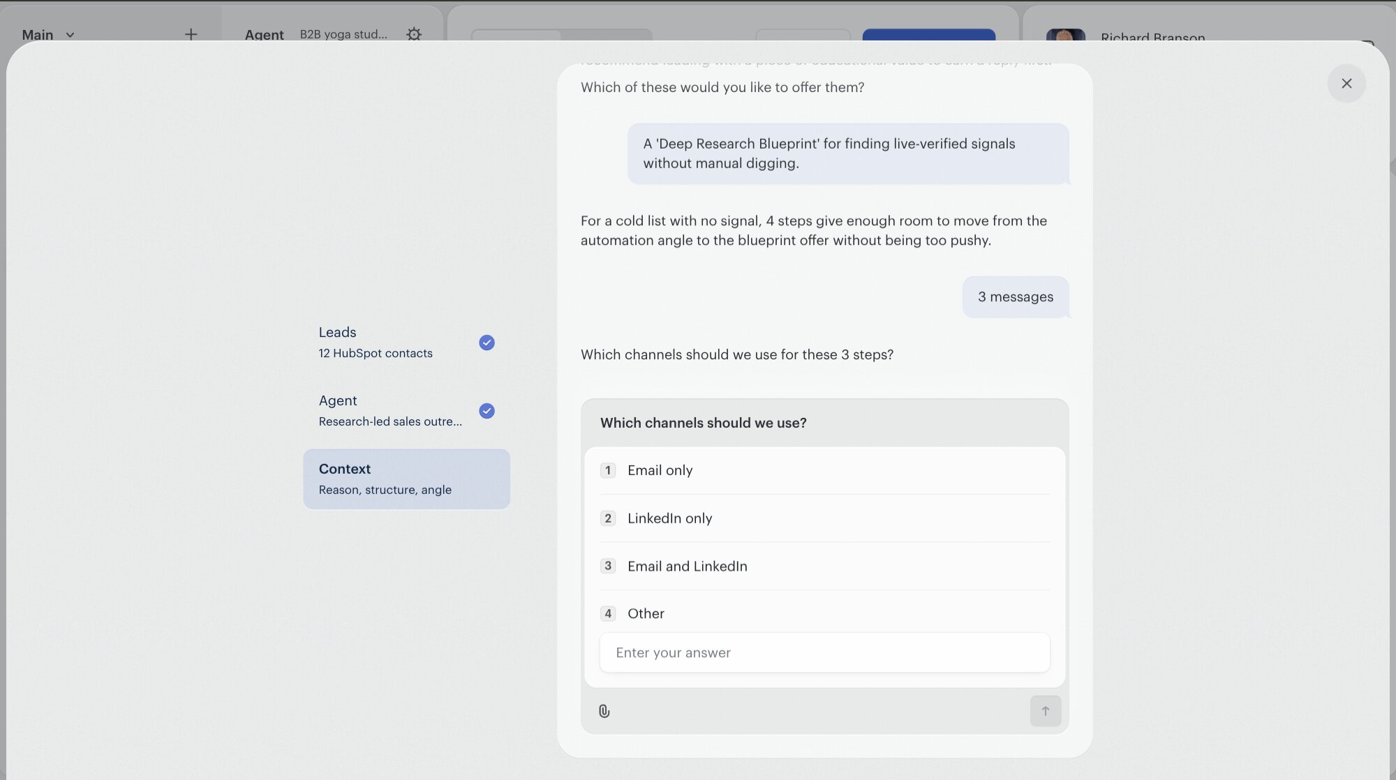 The Campaign Brief 'which channels should we use?' step. The user has said '3 messages' in the previous turn. The assistant asks 'Which channels should we use for these 3 steps?' Four numbered options follow: 1) Email only, 2) LinkedIn only, 3) Email and LinkedIn, 4) Other (with a free-text field).