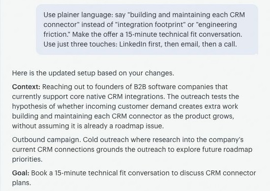 The user asks for plainer language and a 15-minute technical fit conversation. Twain updates the context and goal in the brief.