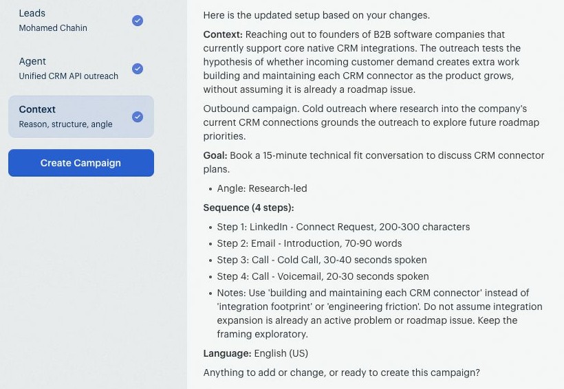 The updated Campaign Brief shows the context, 15-minute meeting goal, Research-led angle, LinkedIn and email steps, cold-call and voicemail scripts, and notes beside the Create Campaign button.