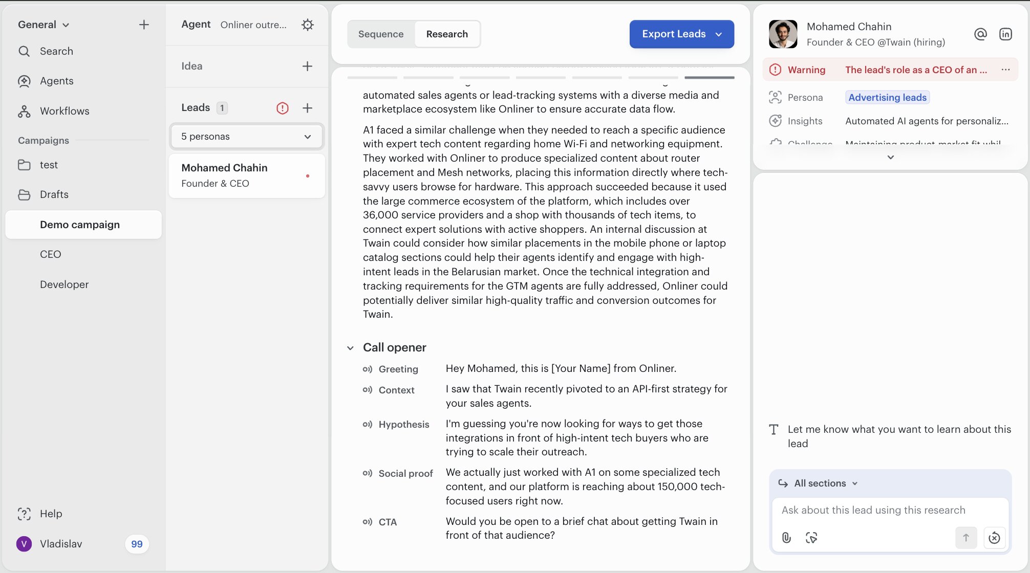 Twain research view showing a Why us paragraph that uses A1 as a customer example for Onliner, followed by a Call opener block broken into Greeting, Context, Hypothesis, Social proof, and CTA, each with a written-out sentence.