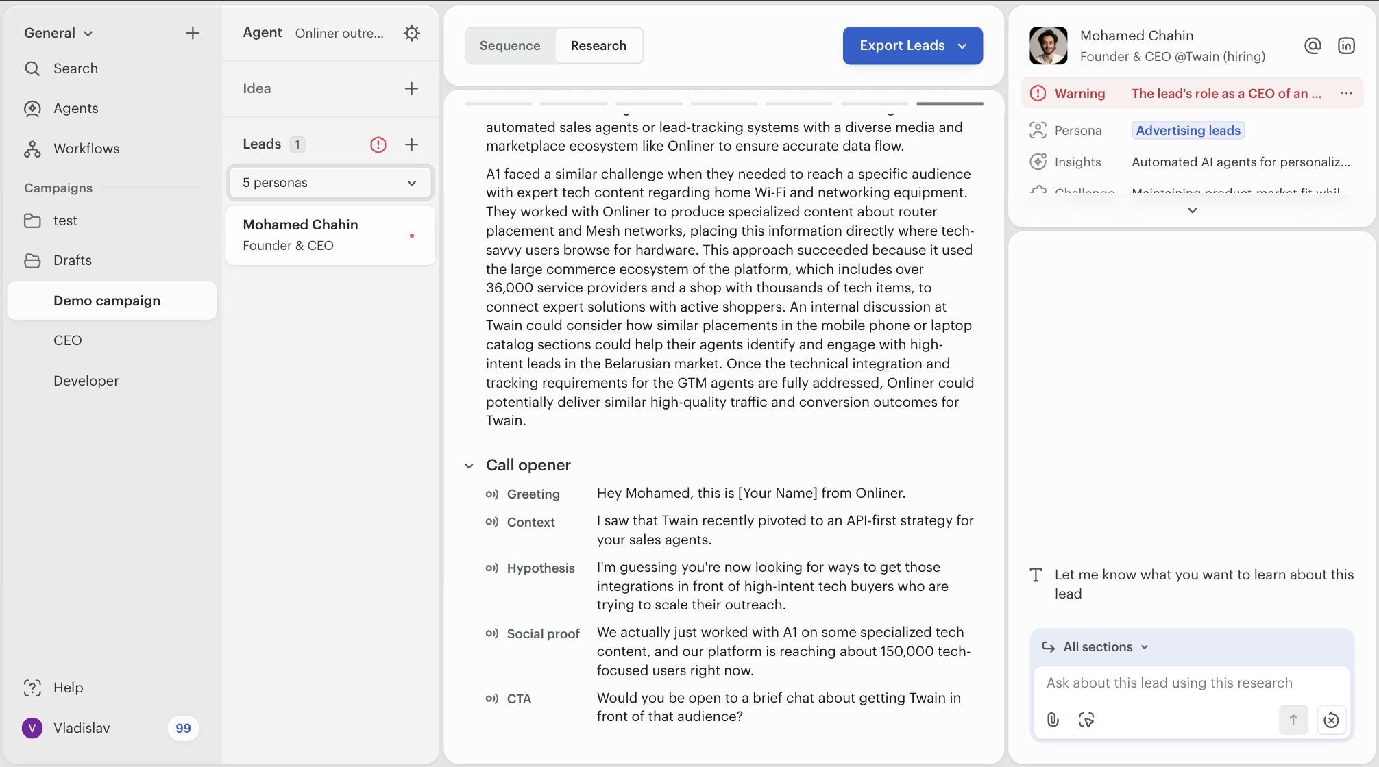 Twain research view showing a Why us paragraph that uses A1 as a customer example for Onliner, followed by a Call opener block broken into Greeting, Context, Hypothesis, Social proof, and CTA, each with a written-out sentence.