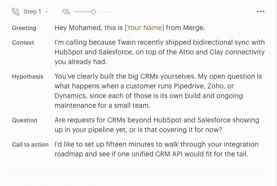 The saved Ultra cold call step for Mohamed, with a greeting, CRM integration context, a hypothesis, a diagnostic question and a request for a technical fit conversation
