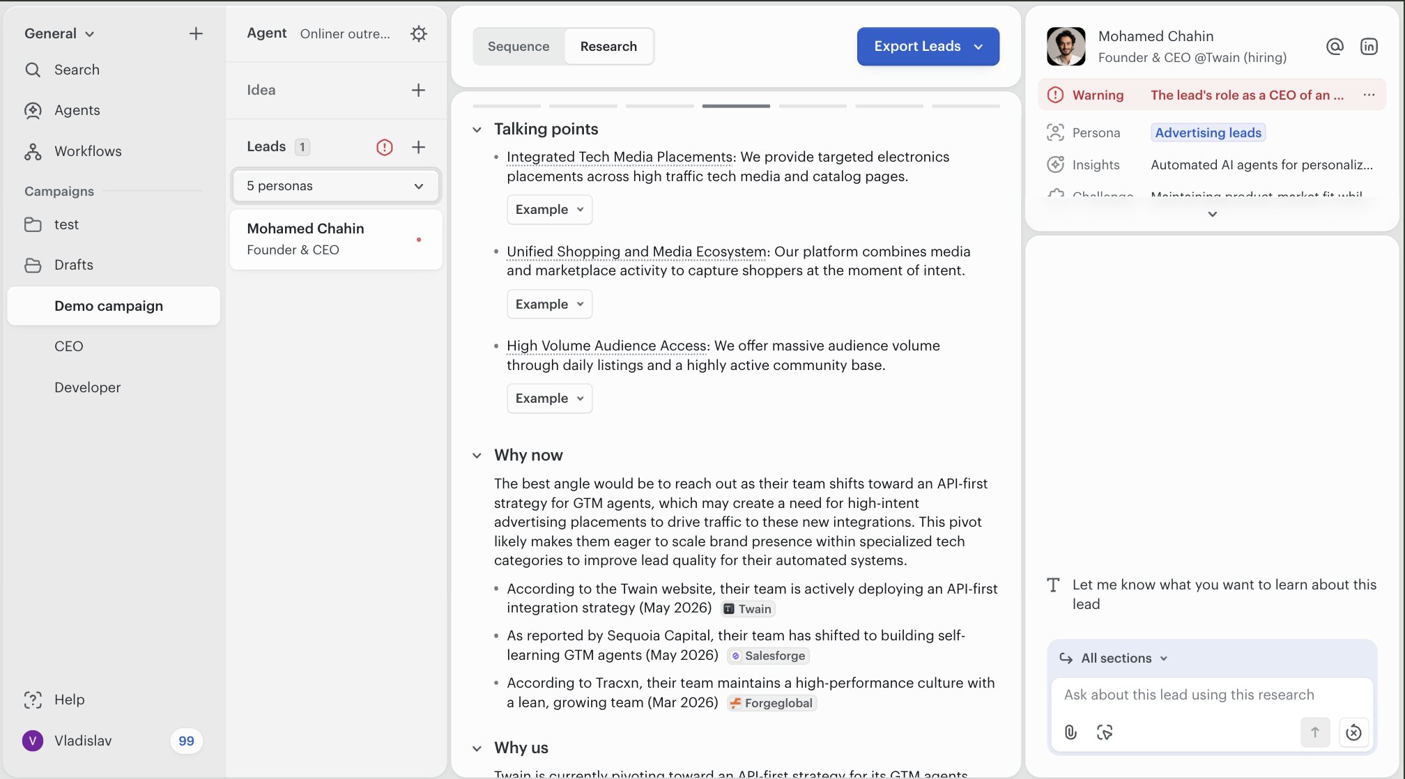Twain research view showing three Talking points with example expanders (Integrated Tech Media Placements, Unified Shopping and Media Ecosystem, High Volume Audience Access), followed by a Why now section with a multi-sentence hypothesis and three sourced bullets citing Twain, Salesforge, and Forgeglobal.