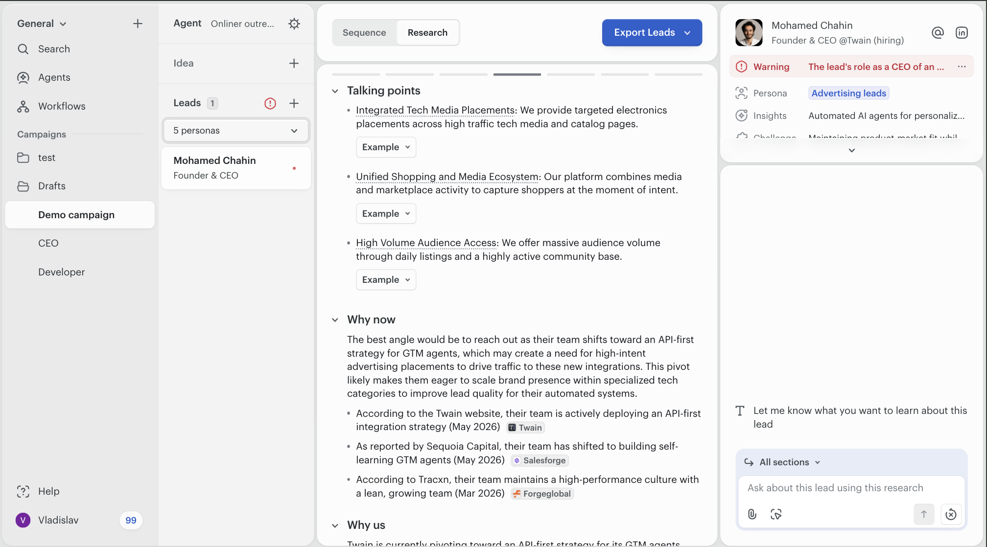 Twain research view showing three Talking points with example expanders (Integrated Tech Media Placements, Unified Shopping and Media Ecosystem, High Volume Audience Access), followed by a Why now section with a multi-sentence hypothesis and three sourced bullets citing Twain, Salesforge, and Forgeglobal.