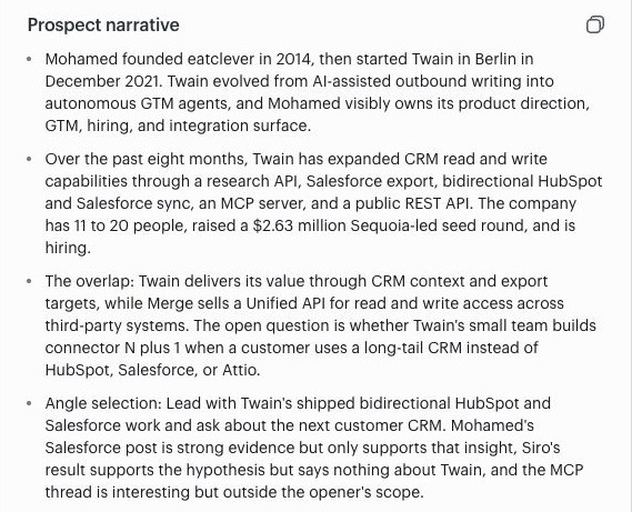 The Prospect narrative section of Mohamed's saved Thesis, connecting Twain's existing CRM integrations to the question of future connector requests
