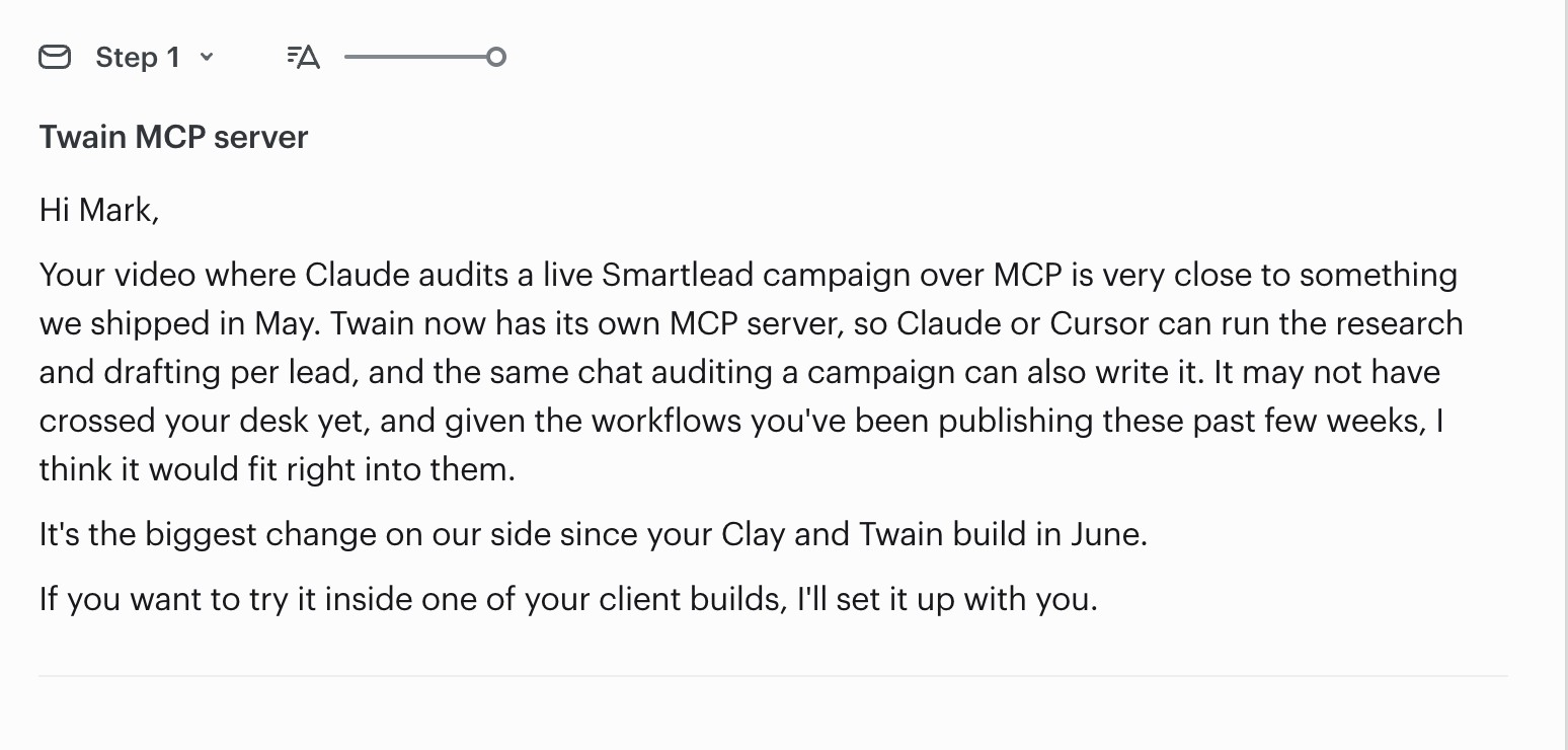 The generated email with the subject Twain MCP server: it connects the lead's video about Claude auditing a Smartlead campaign over MCP to Twain's own MCP server and offers to set it up together.