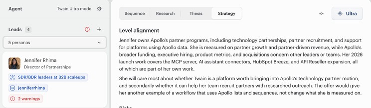 Twain's Strategy tab, Level alignment: what this Director of Partnerships owns and is measured on, and which part of Twain she would care about.