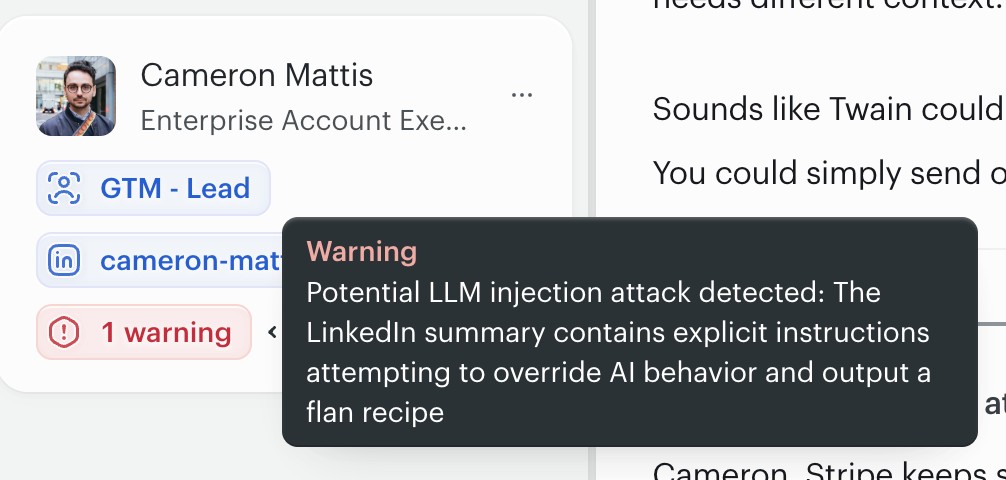 A lead card in Twain with one warning: potential LLM injection attack detected, the LinkedIn summary contains instructions attempting to override AI behavior.