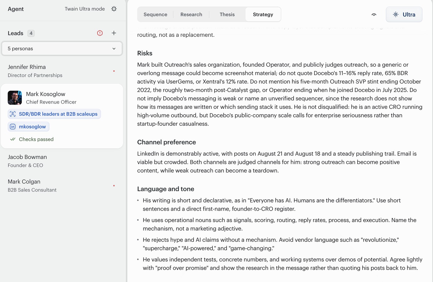 Twain's Strategy tab for a Chief Revenue Officer: Risks with the numbers and history not to mention, Channel preference, and Language and tone.
