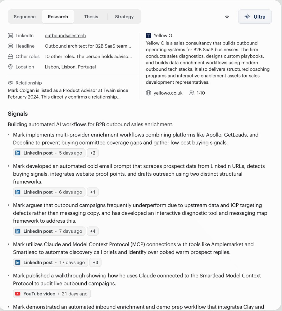 Twain's Research tab for a lead: LinkedIn handle, headline, other roles, location, the relationship with Twain, the company summary, and dated signals with their sources.