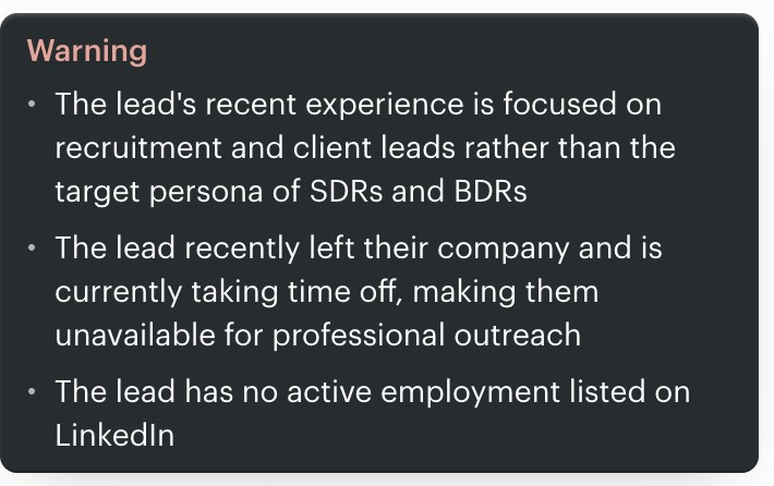 Twain warnings on a lead: recent experience outside the target persona of SDRs and BDRs, recently left their company, and no active employment listed on LinkedIn.