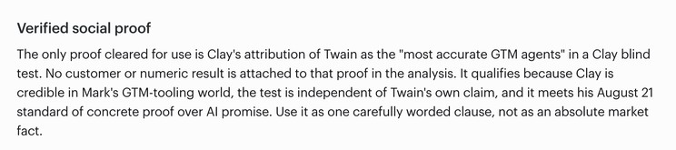 Twain's Strategy tab, Verified social proof: the only proof cleared for this lead is Clay's blind-test attribution, to be used as one carefully worded clause.