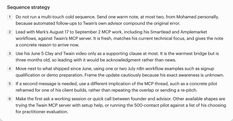 Twain's Sequence strategy for an existing advisor: one warm note instead of a multi-touch cold sequence, leading with his recent MCP work, and a working session as the ask.