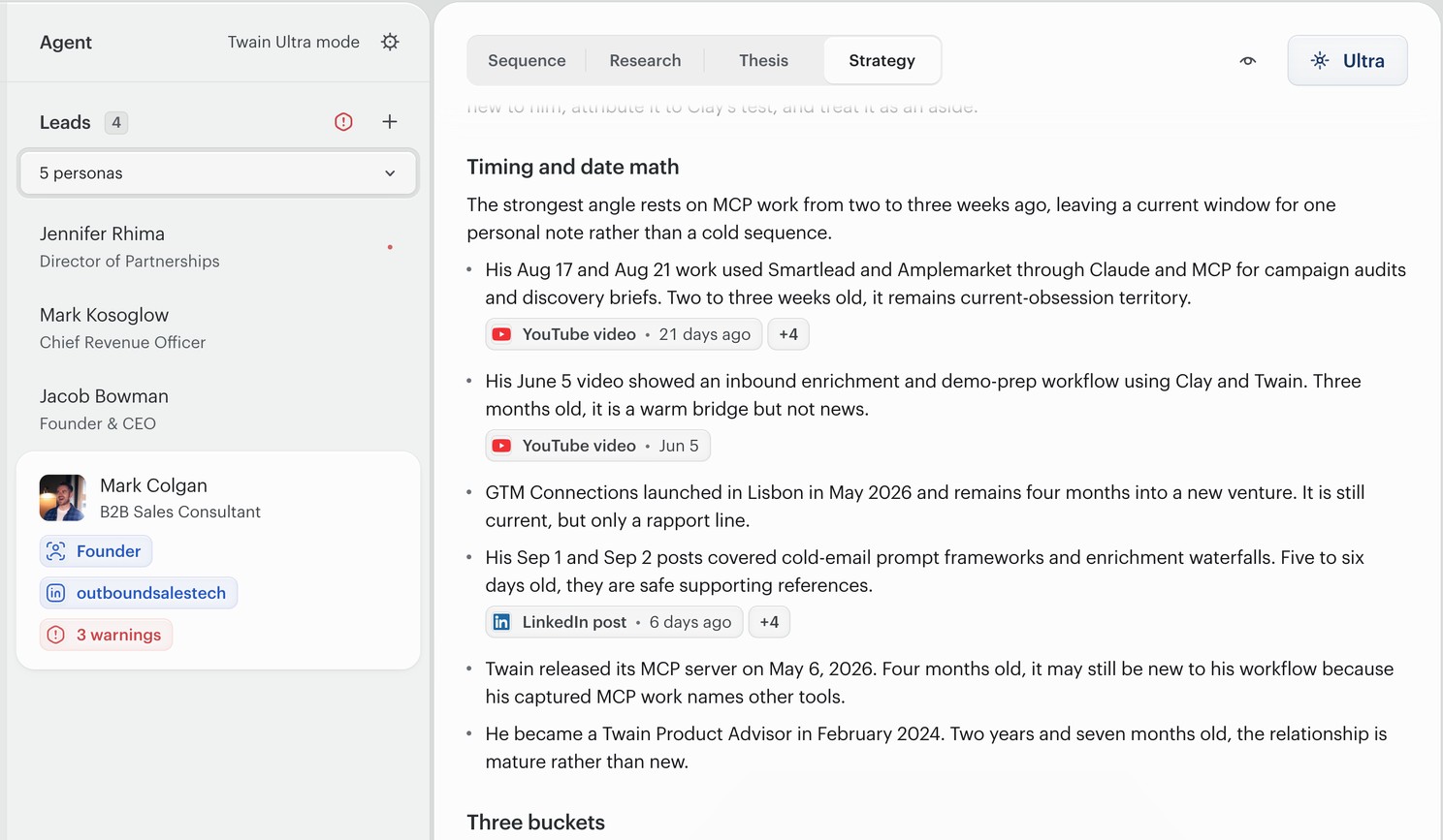 Twain's Strategy tab, Timing and date math: every signal dated, from MCP work two to three weeks ago to an advisor relationship that started in February 2024.