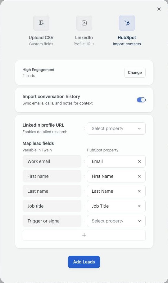 The HubSpot import form with a segment selected, Import conversation history enabled, lead-field mappings, and the Add Leads button.