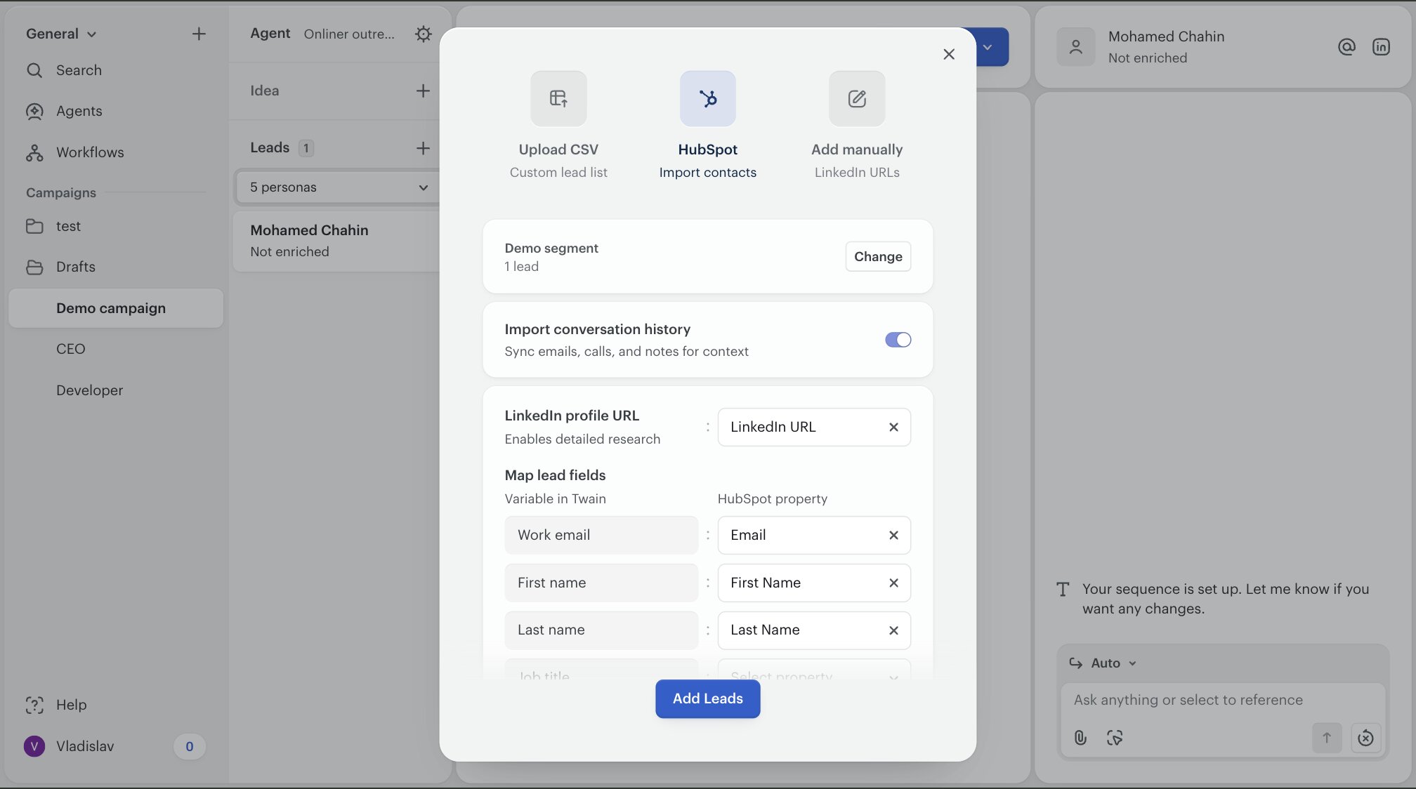 The standalone Import leads modal showing Upload CSV, HubSpot, and Add manually picker with the Import conversation history toggle enabled.