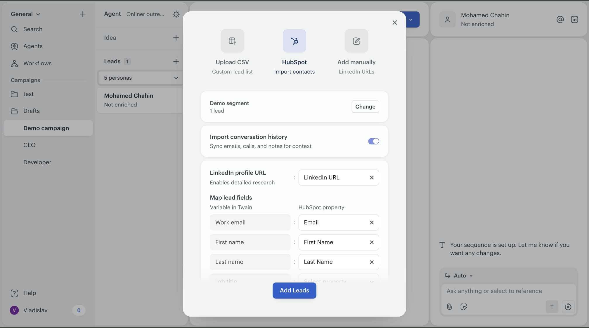 The standalone Import leads modal showing Upload CSV, HubSpot, and Add manually picker with the Import conversation history toggle enabled.