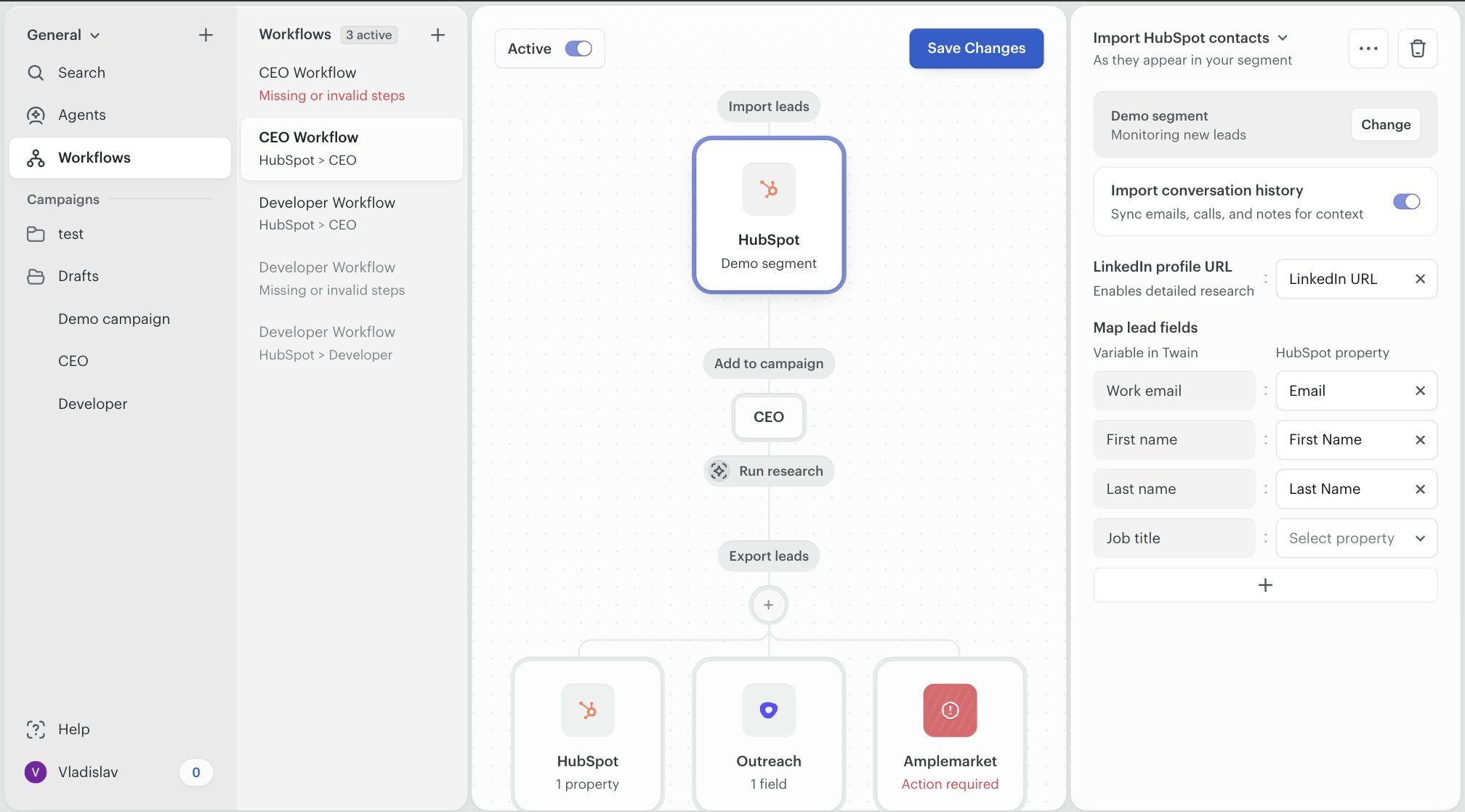 A HubSpot Import node opened inside the workflow builder, with the conversation-history toggle visible in the node settings panel on the right.
