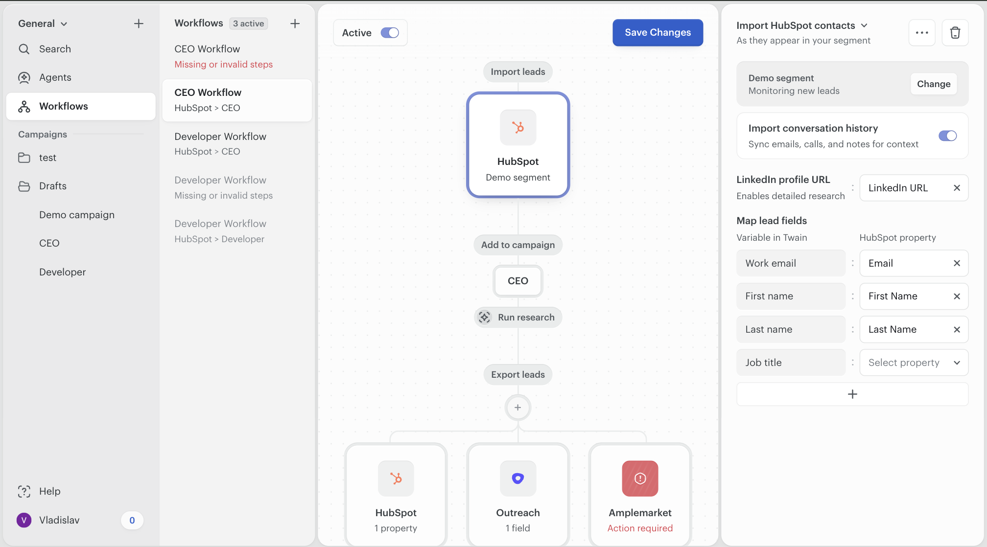 A HubSpot Import node opened inside the workflow builder, with the conversation-history toggle visible in the node settings panel on the right.