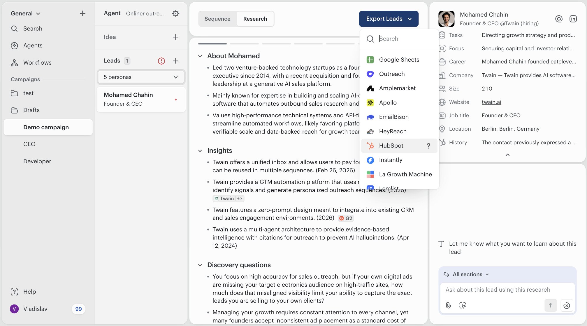 The Export Leads button at the top of a campaign, with a dropdown listing Google Sheets, Outreach, Amplemarket, Apollo, EmailBison, HeyReach, HubSpot, Instantly, La Growth Machine, and Lemlist as destinations.
