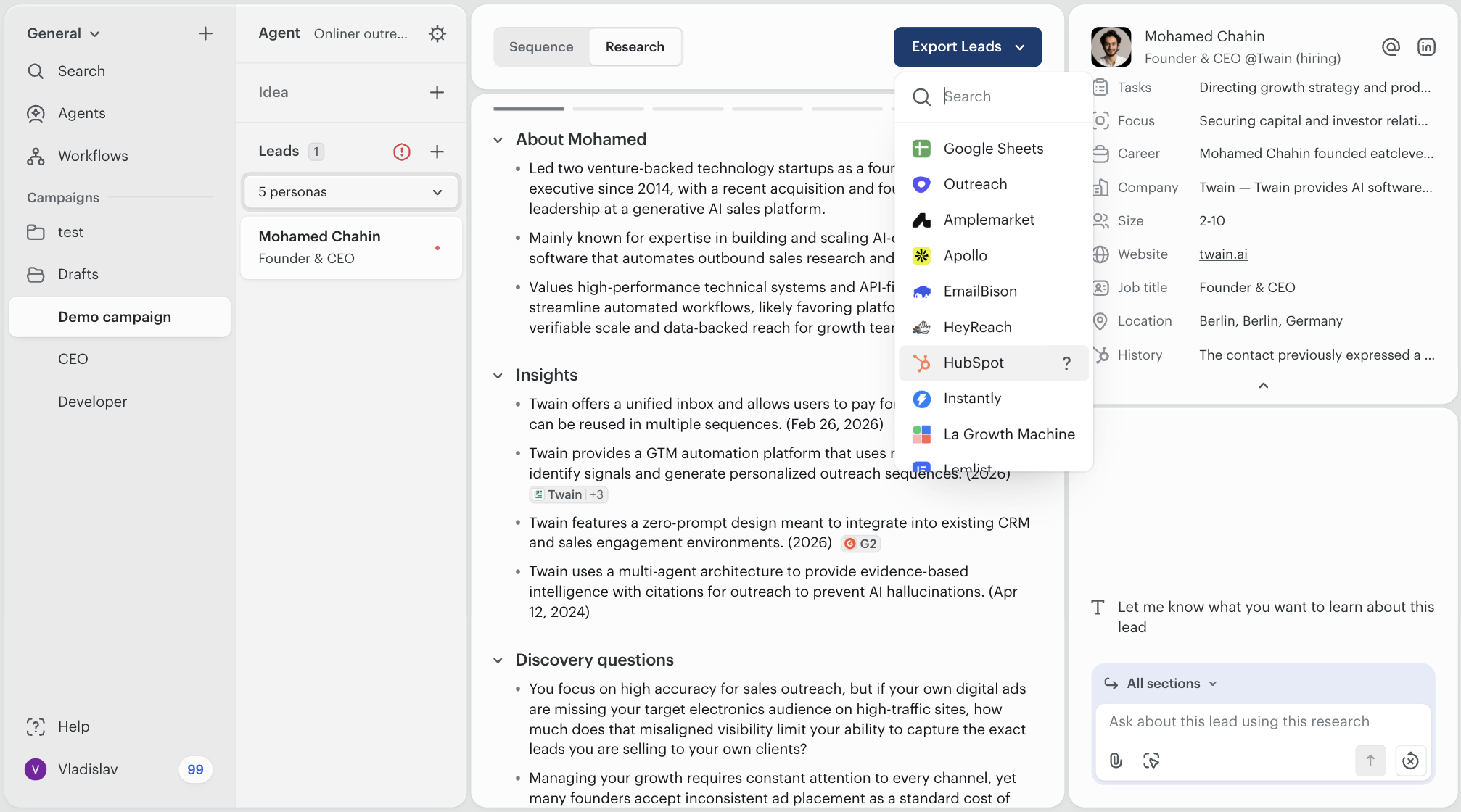 The Export Leads button at the top of a campaign, with a dropdown listing Google Sheets, Outreach, Amplemarket, Apollo, EmailBison, HeyReach, HubSpot, Instantly, La Growth Machine, and Lemlist as destinations.