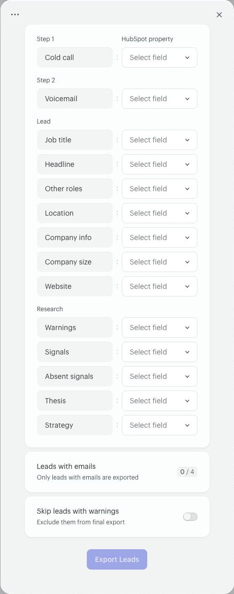 The HubSpot field-mapping form showing sequence steps, lead details, Signals, Absent signals, Thesis, Strategy, the eligible email count and the option to skip leads with warnings