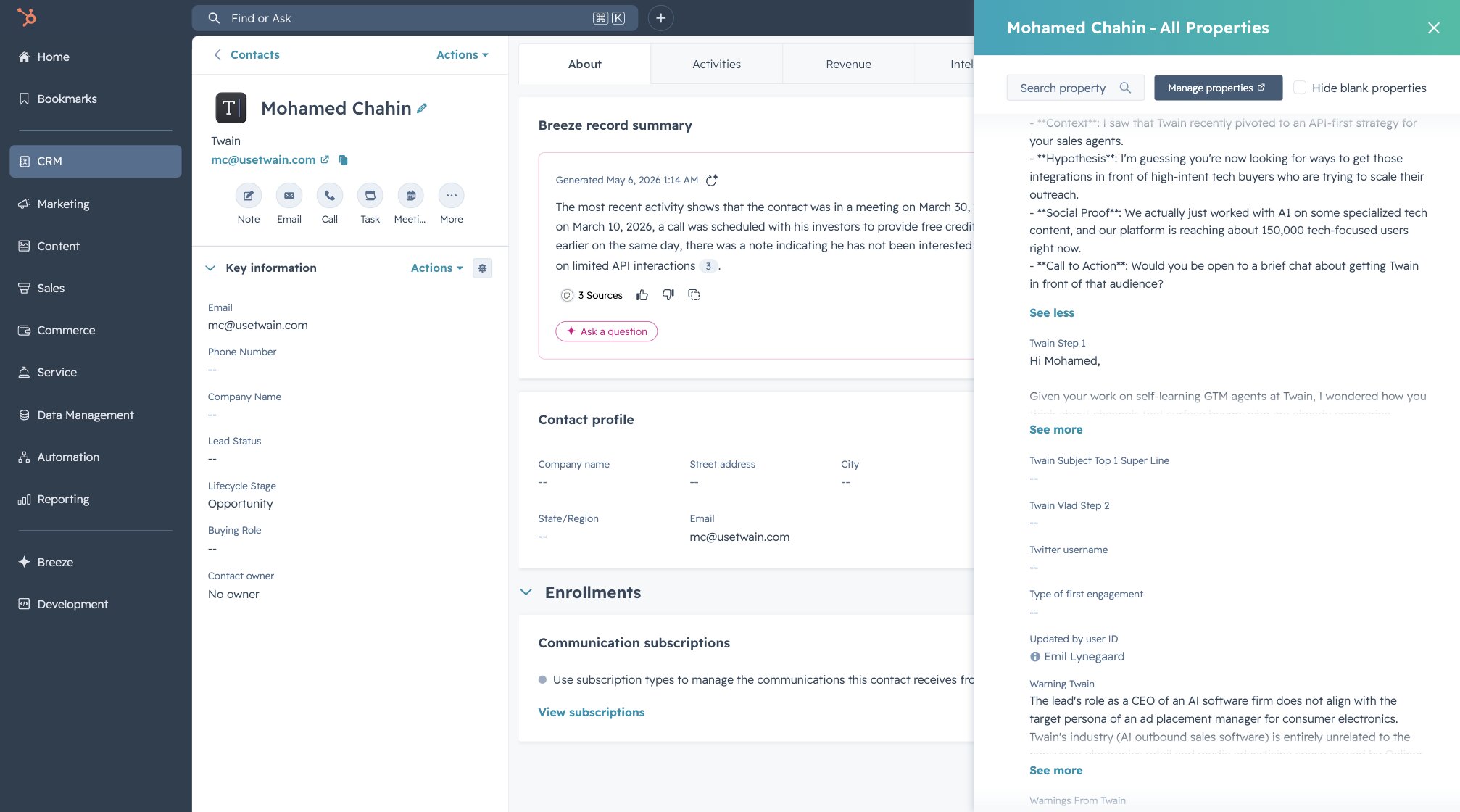 HubSpot contact page for Mohamed Chahin with the All Properties panel open on the right, showing Twain Step 1 with full email body, Twain Subject Top 1 Super Line, Twain Vlad Step 2, Warning Twain with the persona-mismatch reasoning, and Warnings From Twain.