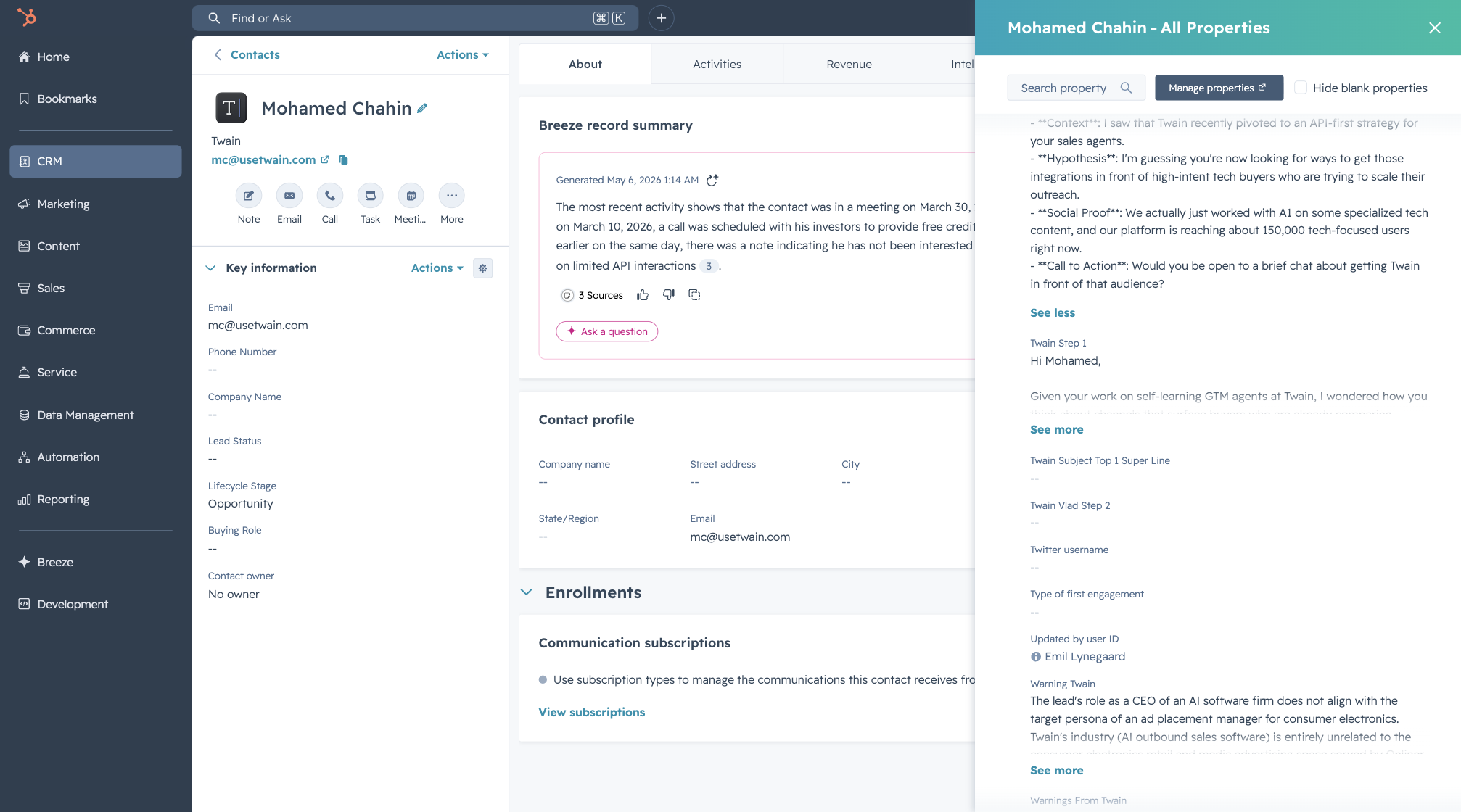 HubSpot contact page for Mohamed Chahin with the All Properties panel open on the right, showing Twain Step 1 with full email body, Twain Subject Top 1 Super Line, Twain Vlad Step 2, Warning Twain with the persona-mismatch reasoning, and Warnings From Twain.