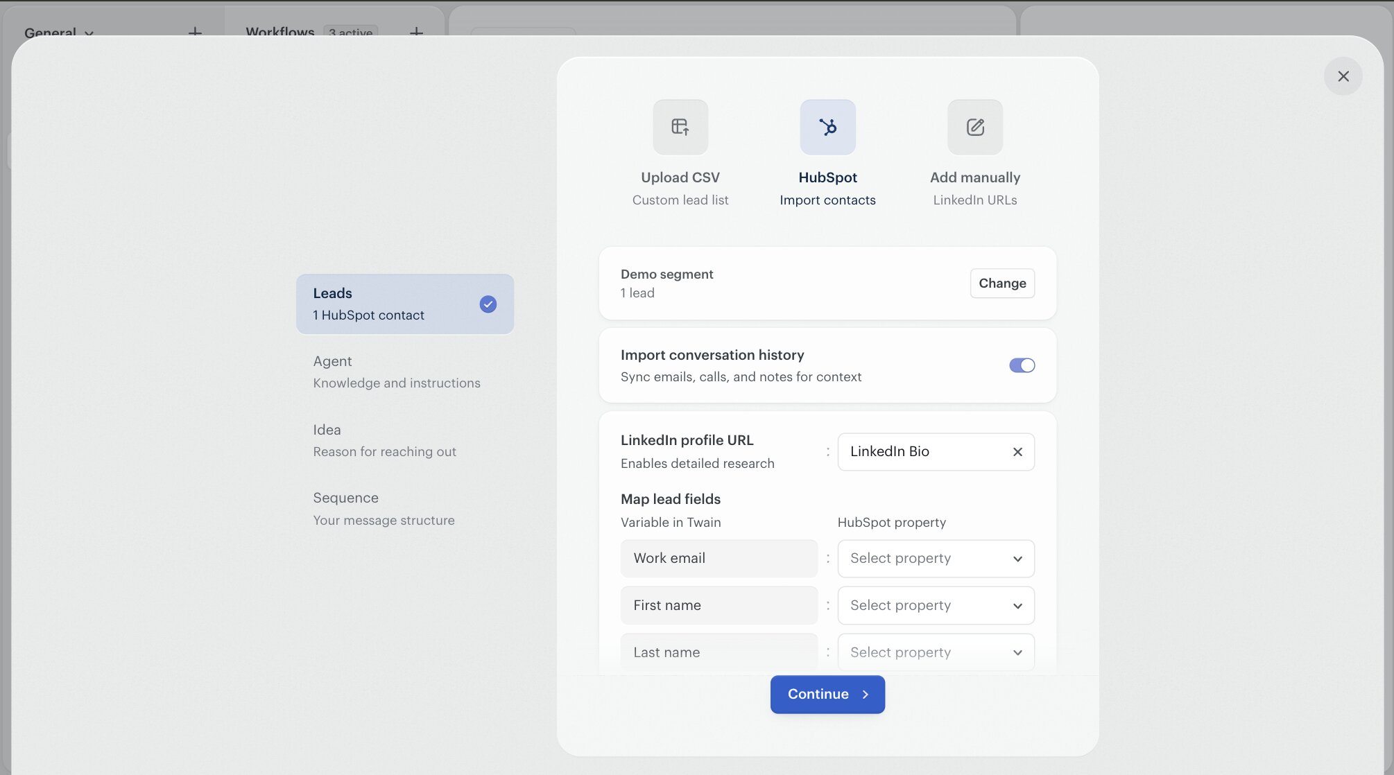The campaign-creation import modal with HubSpot selected, a Demo segment chosen, the Import conversation history toggle on, and the field-mapping form showing LinkedIn URL, Work email, First name, and Last name mapped to HubSpot properties.