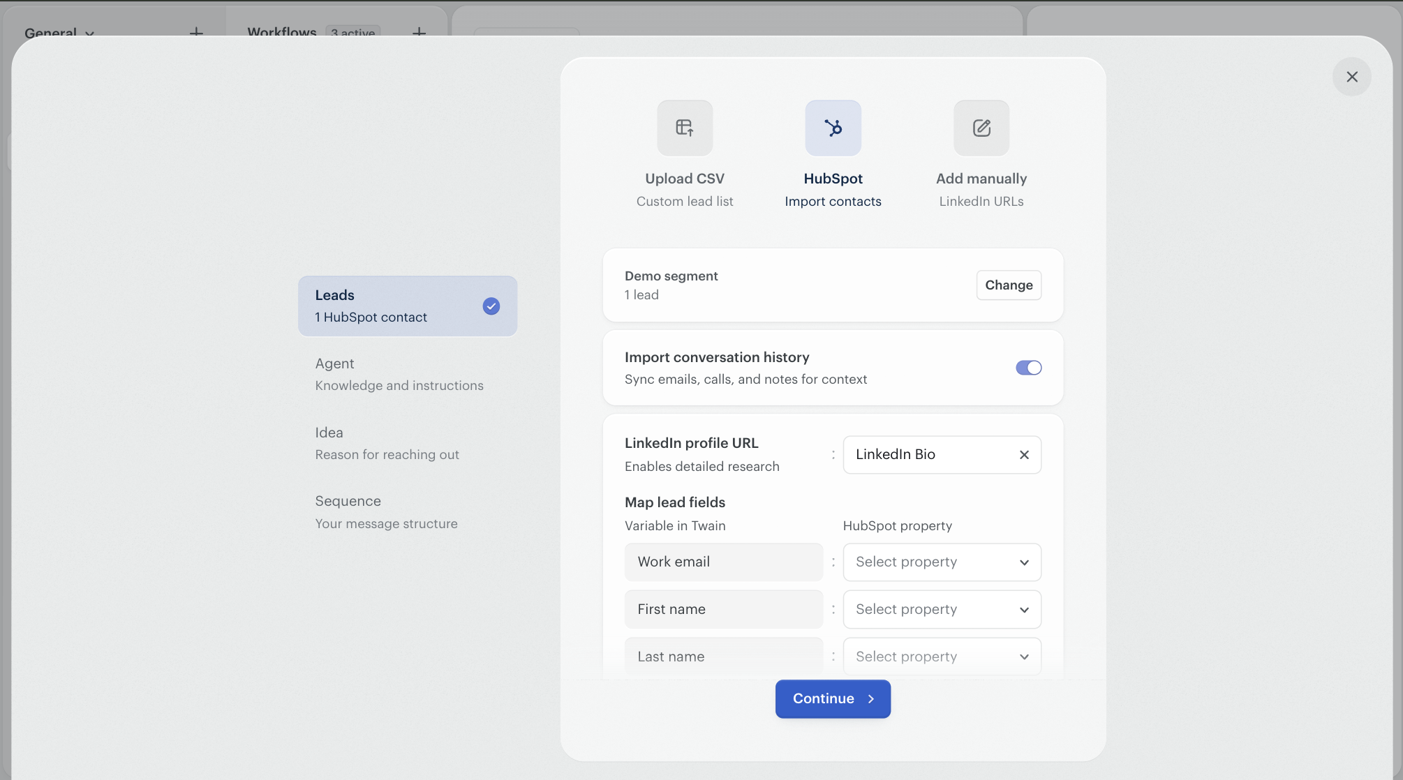 The campaign-creation import modal with HubSpot selected, a Demo segment chosen, the Import conversation history toggle on, and the field-mapping form showing LinkedIn URL, Work email, First name, and Last name mapped to HubSpot properties.