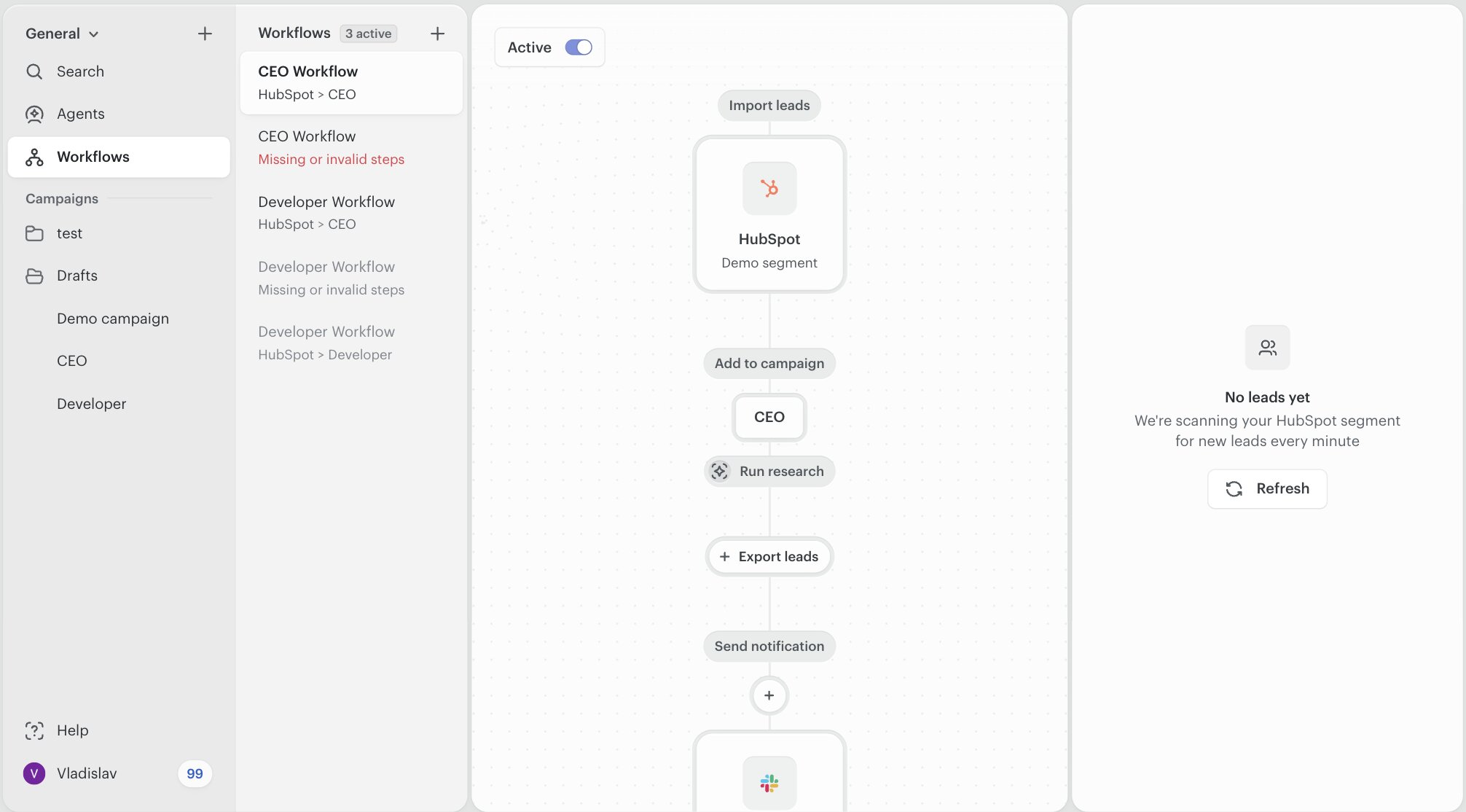 A Twain workflow with a HubSpot Demo segment trigger node feeding into Add to campaign, Run research, Export leads, and Send notification steps. The workflow is active and waiting for new leads.