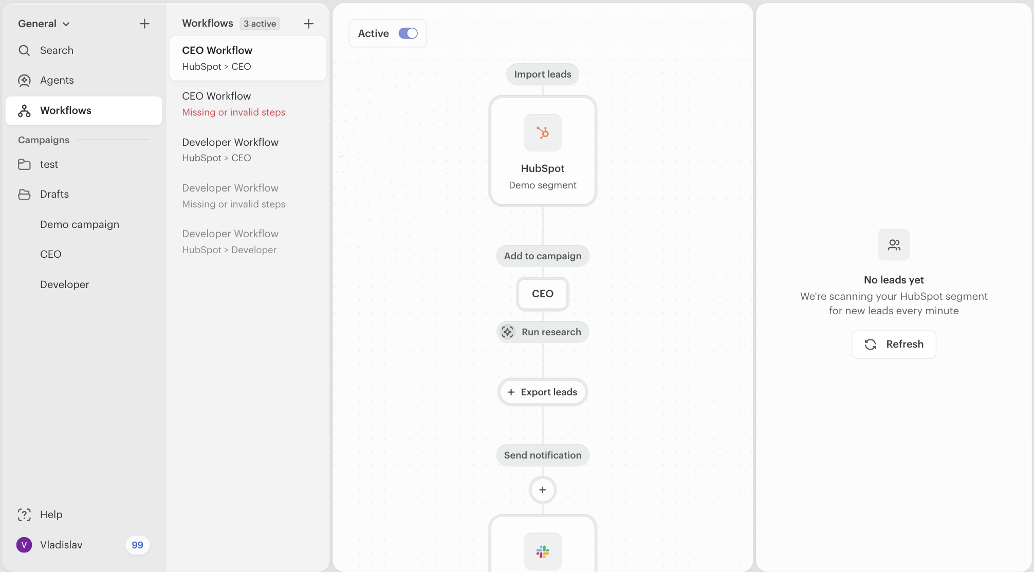 A Twain workflow with a HubSpot Demo segment trigger node feeding into Add to campaign, Run research, Export leads, and Send notification steps. The workflow is active and waiting for new leads.