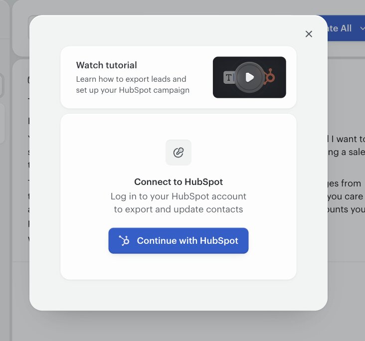 Twain's HubSpot connect card, showing a Watch tutorial panel above a Connect to HubSpot panel with the instruction to log in to your HubSpot account, and a blue Continue with HubSpot button.