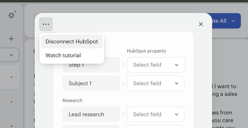 The overflow menu on a Twain HubSpot step, opened to show two items, Disconnect HubSpot and Watch tutorial, with the HubSpot field-mapping form visible behind it.