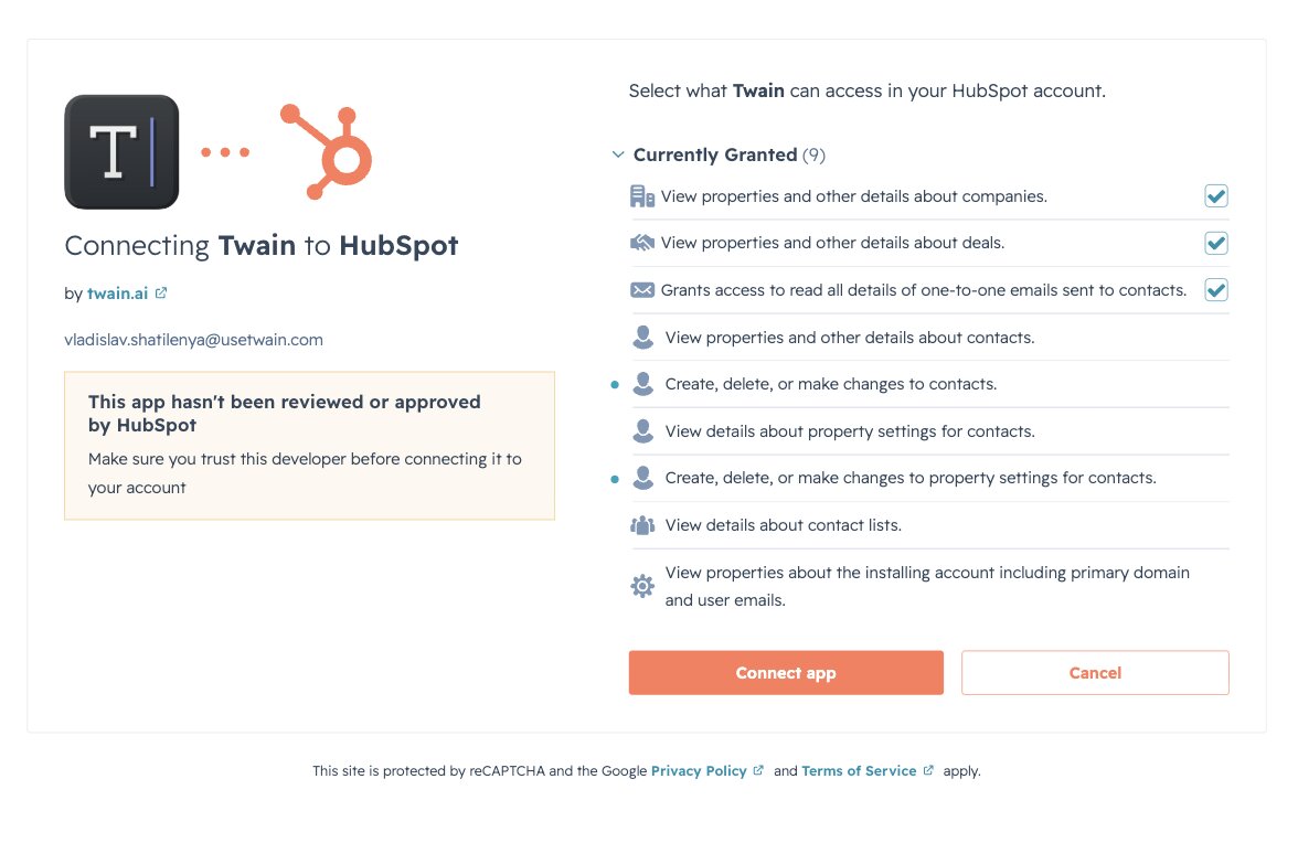 HubSpot's app approval screen for Twain, listing nine granted permissions: view companies, view deals, read one-to-one emails, view and change contacts, view and change contact property settings, view contact lists, and view installing-account properties. The first three carry checkboxes and are ticked.