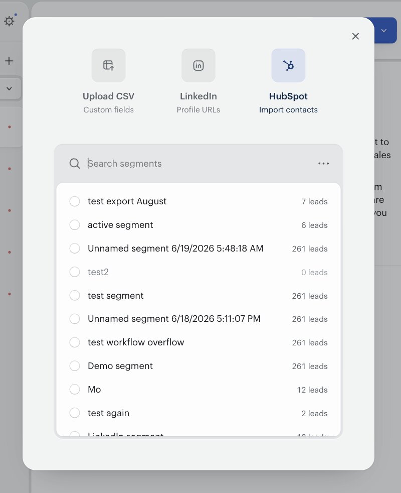 Twain's import modal with HubSpot selected as the source, showing a segment search box and a scrollable list of HubSpot segments with their contact counts alongside each name.