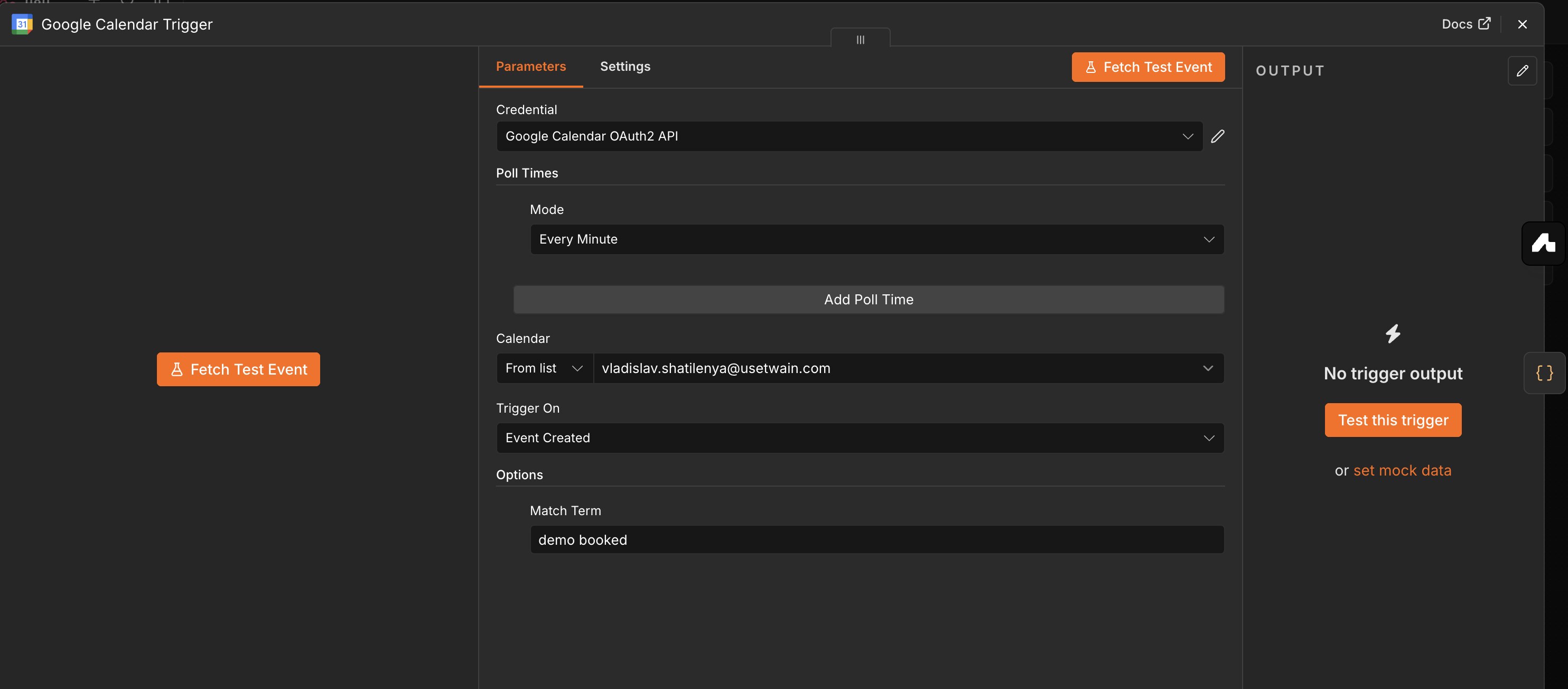 The n8n Google Calendar Trigger node configured on the user's calendar, with Trigger On set to 'Event Created' and an Options section showing a Match Term field set to 'demo booked'. Only calendar events whose title matches that term will start the workflow.