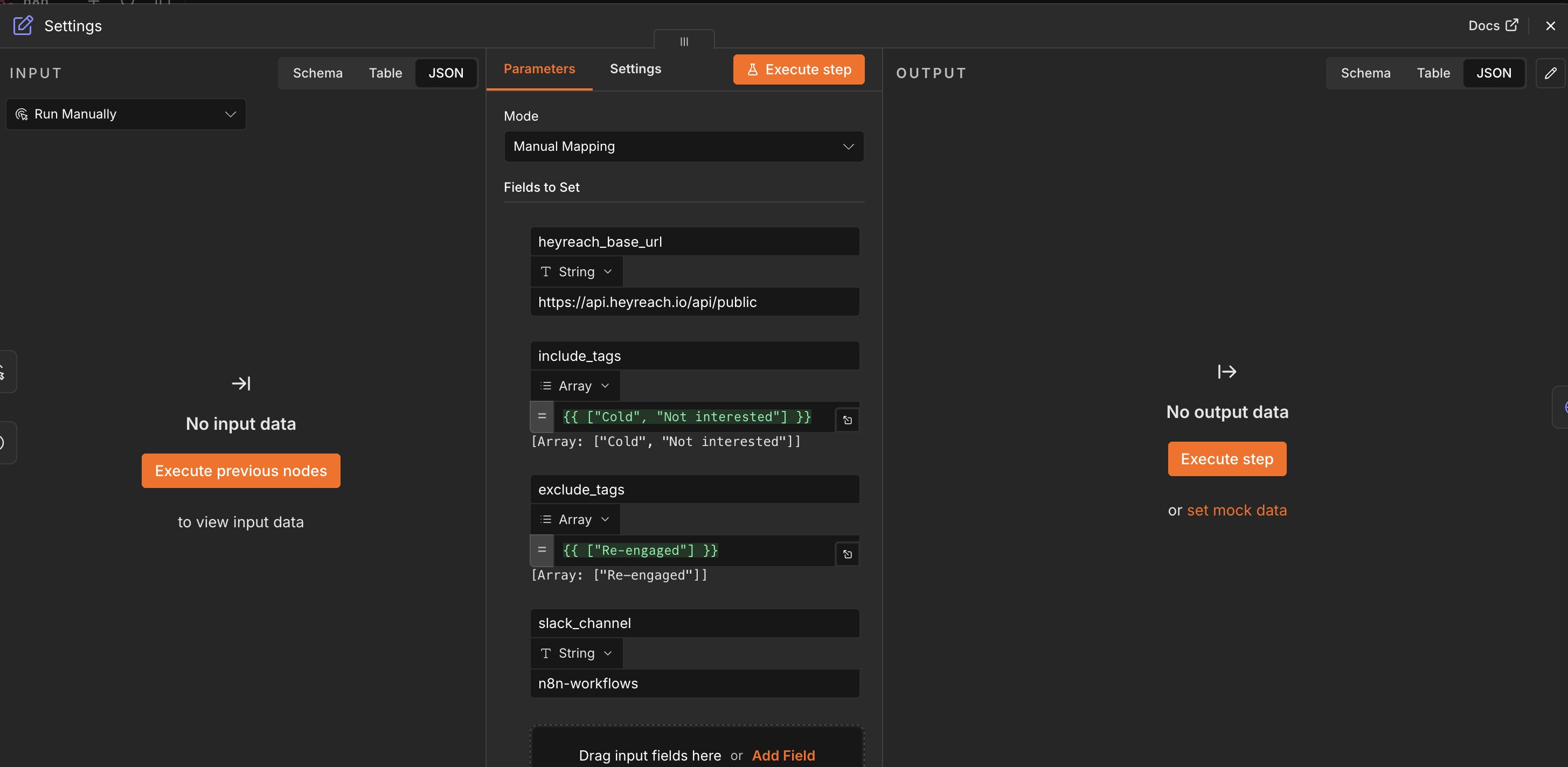 The dispatcher's Settings node. include_tags is an array of ['Cold', 'Not interested'] and exclude_tags is ['Re-engaged'], so leads carrying those tags are re-engaged while anyone already tagged Re-engaged is skipped.