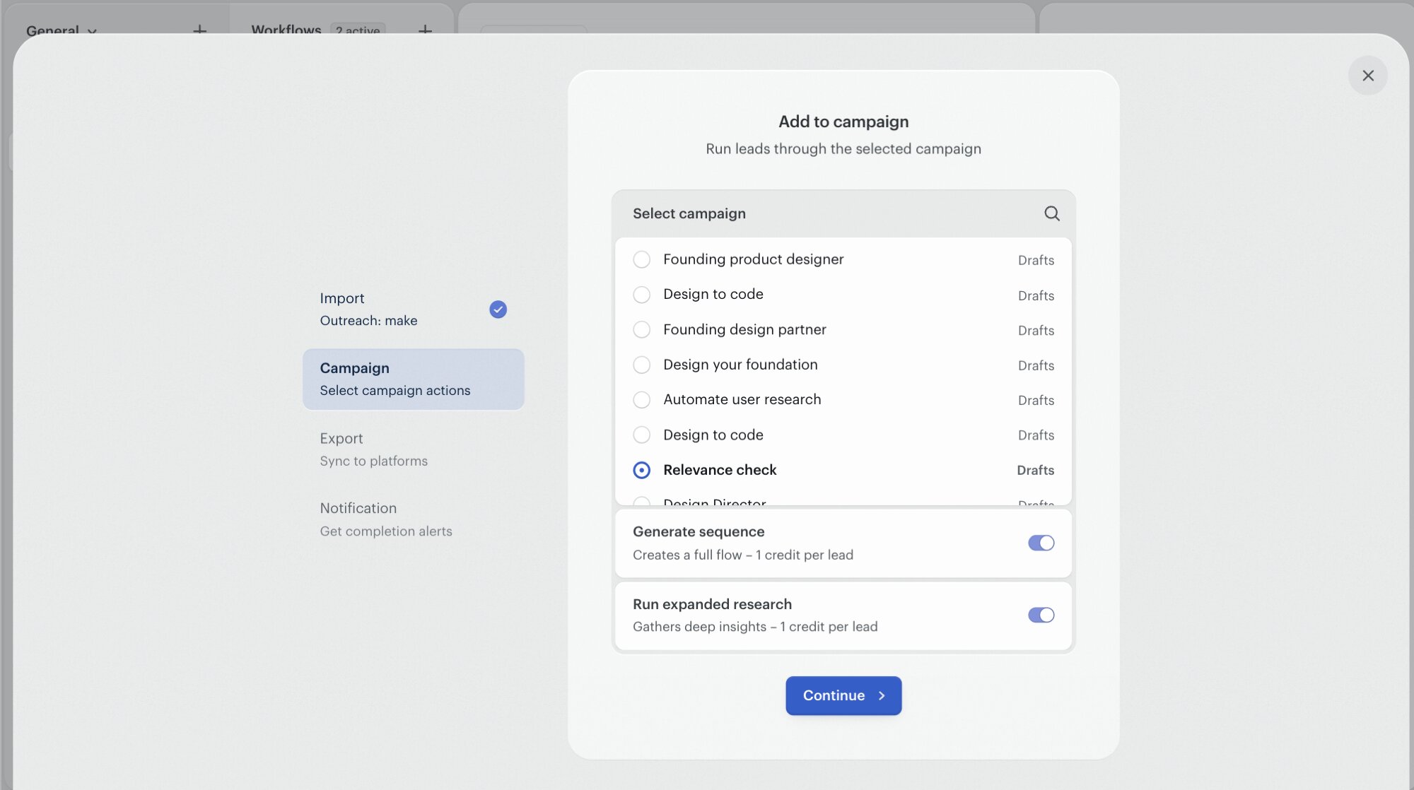 The Add to campaign step in a Twain workflow. A list of campaign drafts is shown with 'Relevance check' selected. Two toggles below: 'Generate sequence — Creates a full flow, 1 credit per lead' and 'Run expanded research — Gathers deep insights, 1 credit per lead', both on.