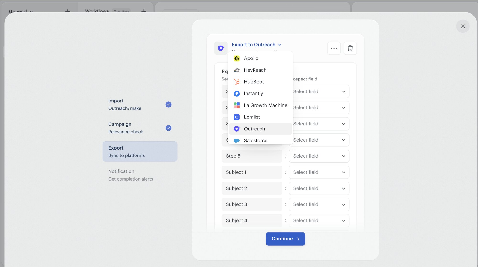 The Twain workflow Export step with the destination picker open. Eight providers listed: Apollo, HeyReach, HubSpot, Instantly, La Growth Machine, Lemlist, Outreach, Salesforce. Outreach is highlighted. Step 1 through Step 5 plus Subject 1 through Subject 4 mapping rows are visible below.