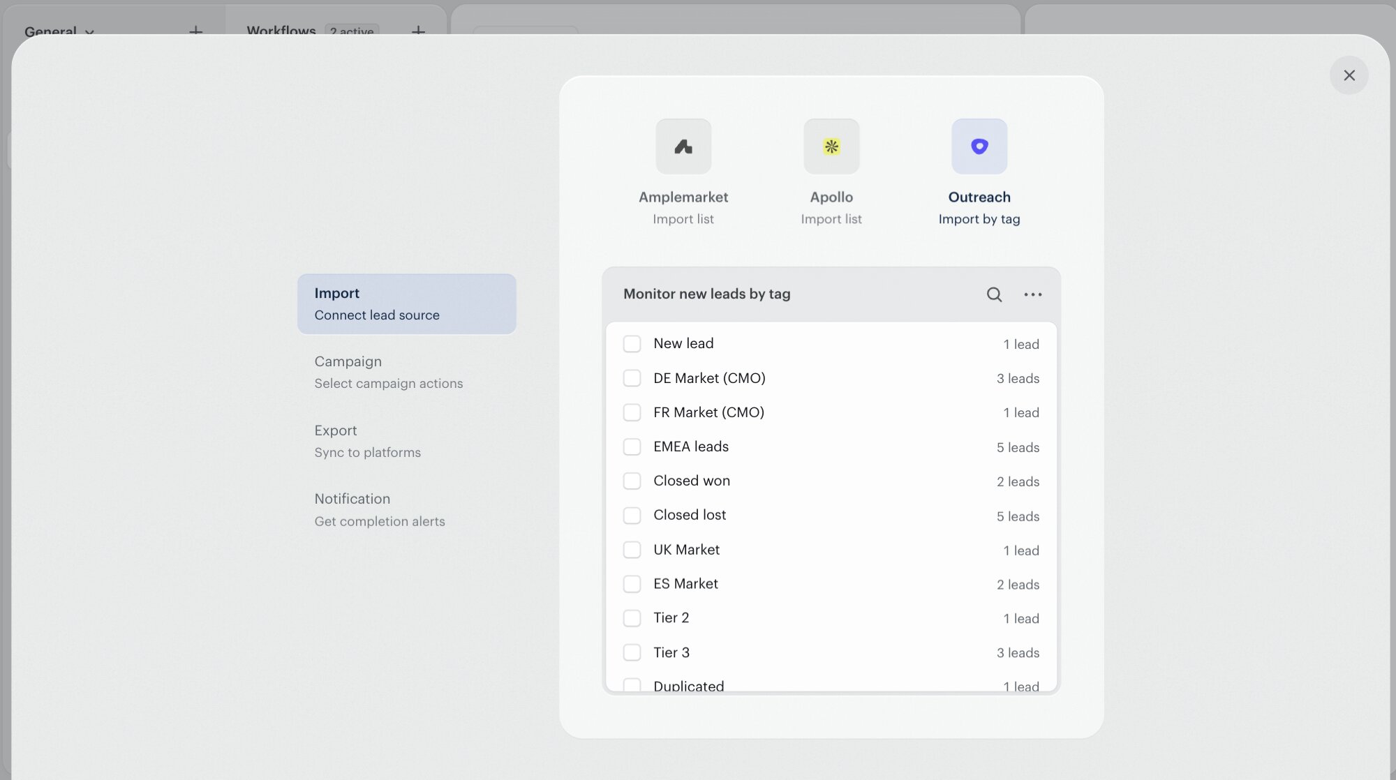 The Twain Outreach workflow trigger picker labeled 'Monitor new leads by tag'. A list of Outreach tags is shown with prospect counts: New lead (1 lead), DE Market (CMO) (3 leads), FR Market (CMO) (1 lead), EMEA leads (5 leads), Closed won, Closed lost, UK Market, ES Market, Tier 2, Tier 3, Duplicated.