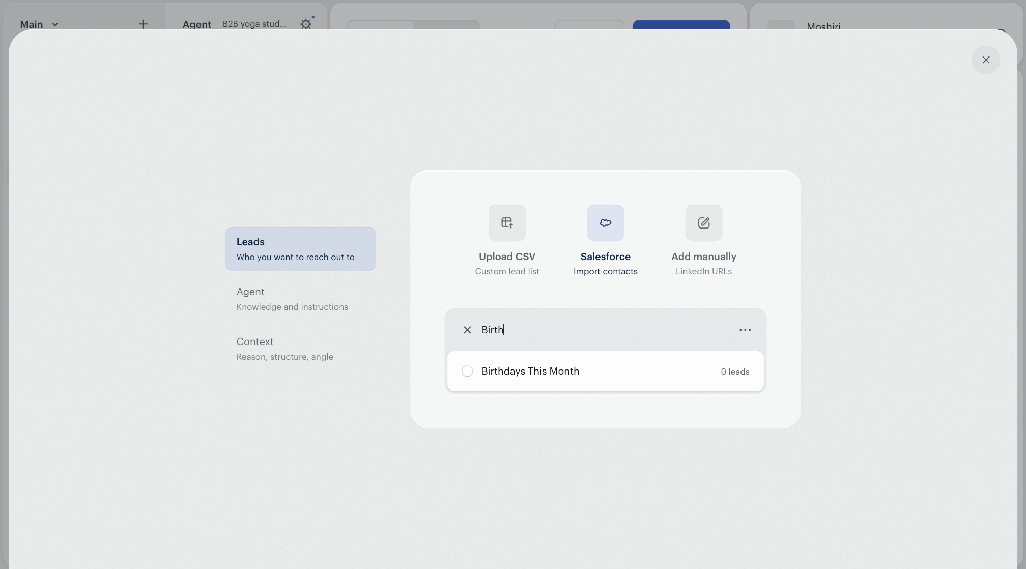 Twain campaign builder showing Salesforce selected as the lead source, with the list-view picker open and the Birthdays This Month list view appearing in search results.