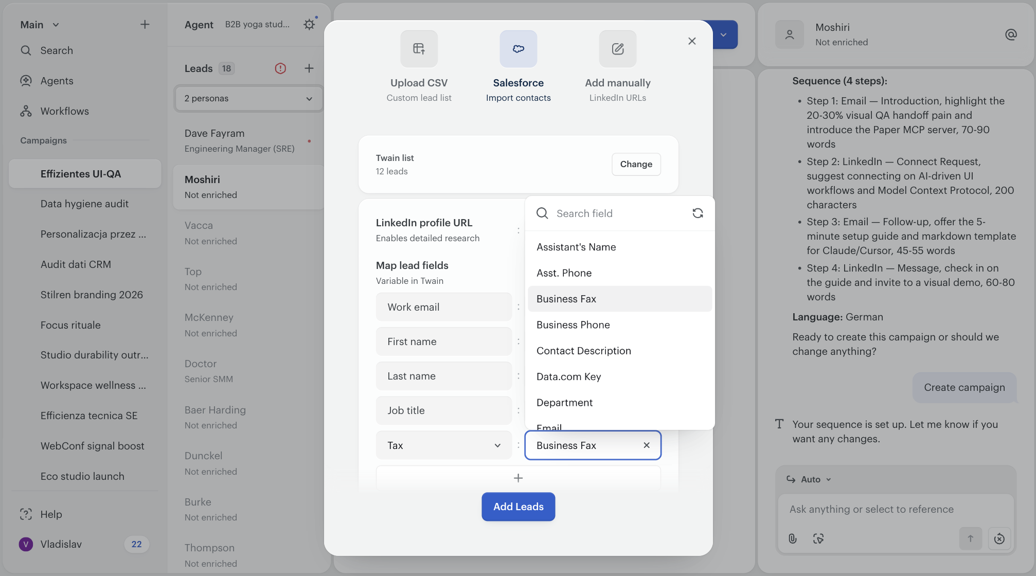 Twain mapping form with the LinkedIn profile URL field at the top and a Map lead fields panel below, with a property dropdown open showing Salesforce fields including Business Fax.