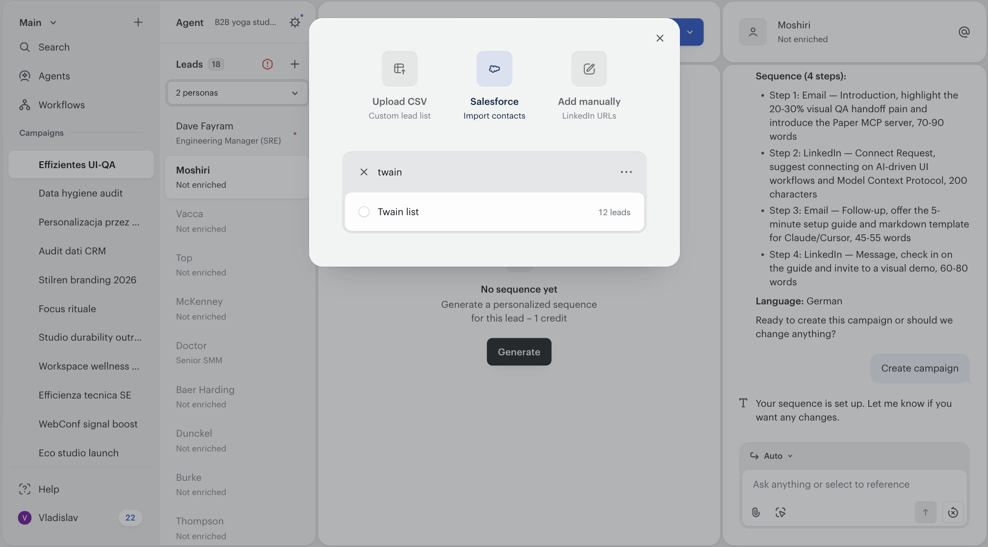 Twain leads import modal with Salesforce selected and a list view named Twain list showing twelve leads in the picker.