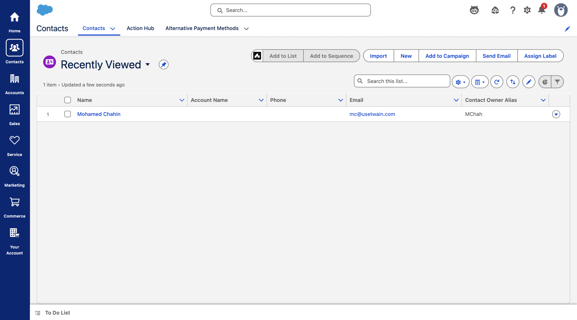 Salesforce CRM Contacts page showing the Recently Viewed list view with a table of contacts.