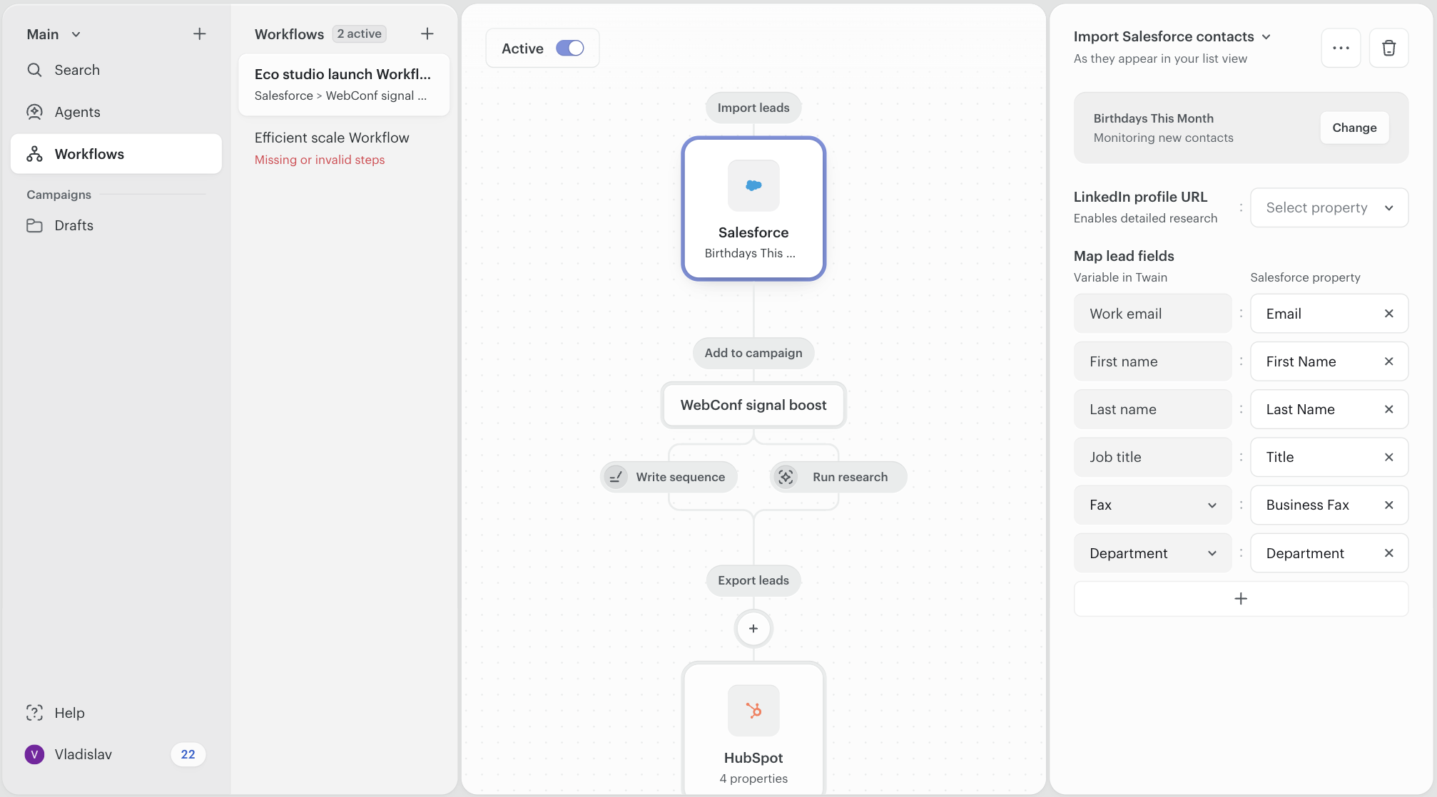 Twain workflow editor with a Salesforce import node labeled Birthdays This Month feeding into a WebConf signal boost campaign and a HubSpot export, with the field mapping panel open on the right.